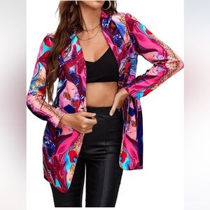 Colorful Open Front Blazer Print Long Sleeve Newspaper Print V Neck Suit Jacket
